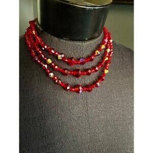 Vintage 1950’s Red Faceted Crystal Aurora Borealis 3 Strand Necklace Choker